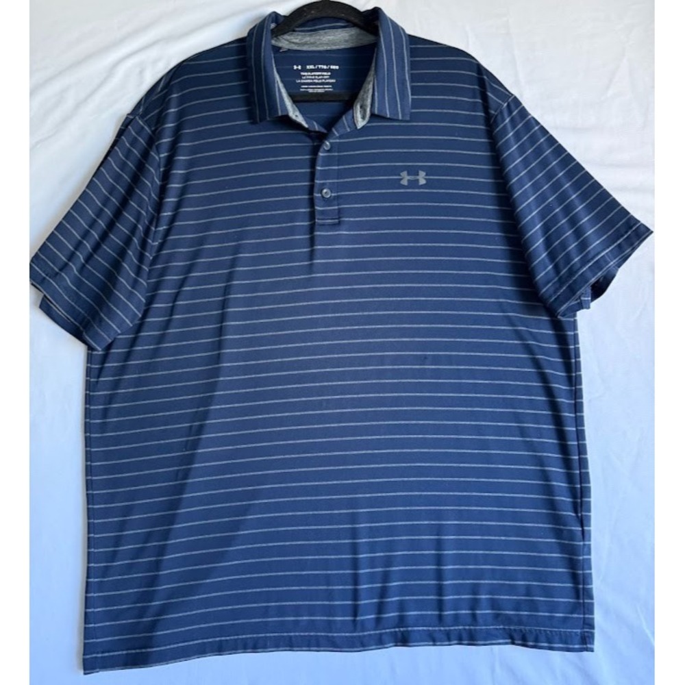 Under Armour Playoff Polo Shirt‎ Men  XXL Blue Stripe HeatGear Golf Loose Fit
